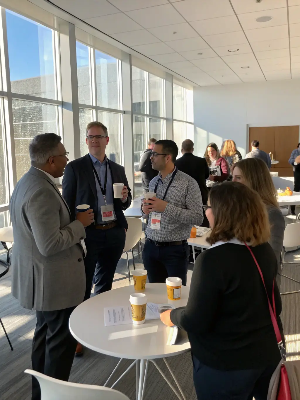 A group of professionals networking during a coffee break at a business conference focused on renewable energy in Manchester, UK.