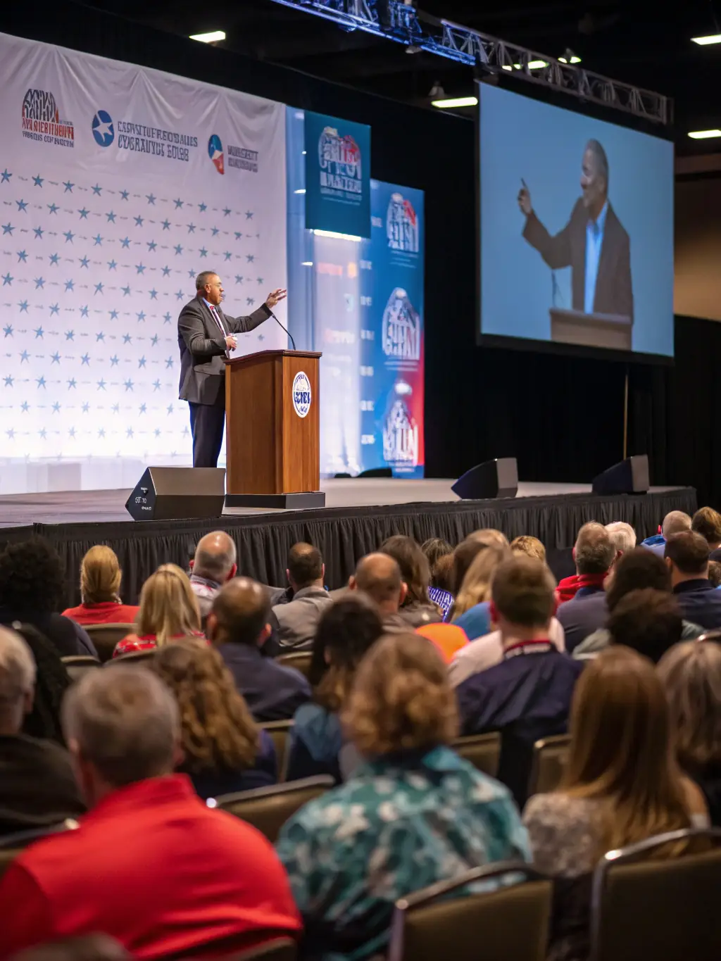 A picture of a conference venue in Edinburgh, featuring a keynote speaker addressing the audience on climate change and environmental policy.