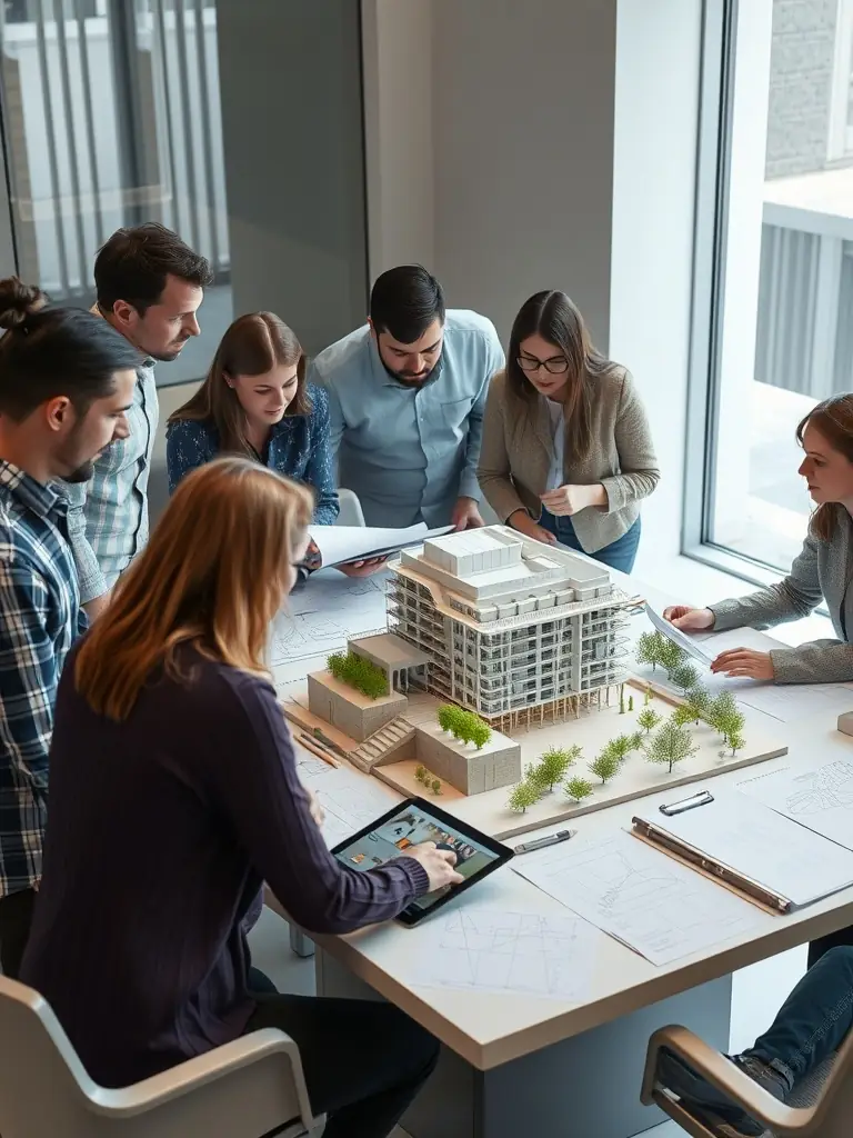 A photograph of a conference in Birmingham, focusing on green building technologies and sustainable urban development, with architects and engineers in attendance.