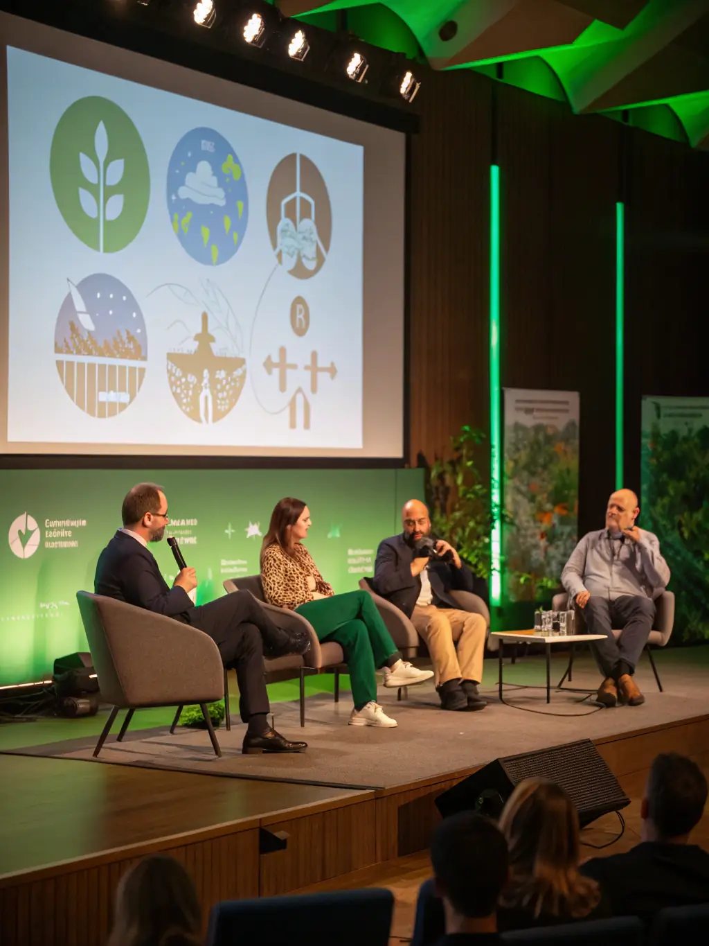 A panel discussion featuring experts in green technology at a business conference in Birmingham, UK.