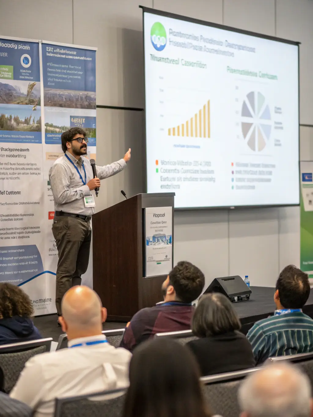 A modern conference hall filled with attendees listening to a speaker on stage during a sustainability conference in London, UK.